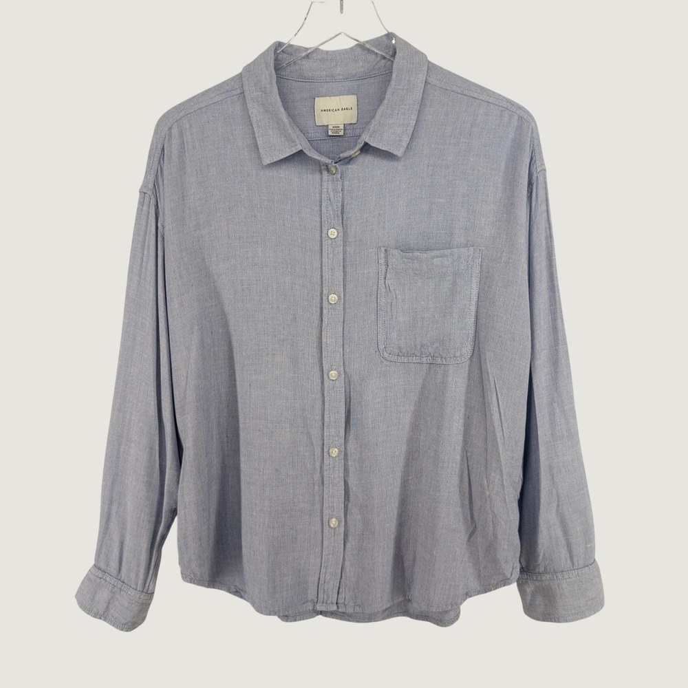 American Eagle Button Down Women M Blue Linen Blend‎ Relaxed Long Sleeve Shirt